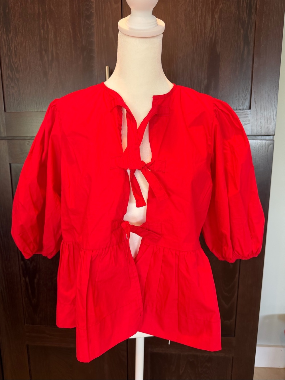 Olivaceous Vibrant Red Tie-Front Puff Sleeve Blouse